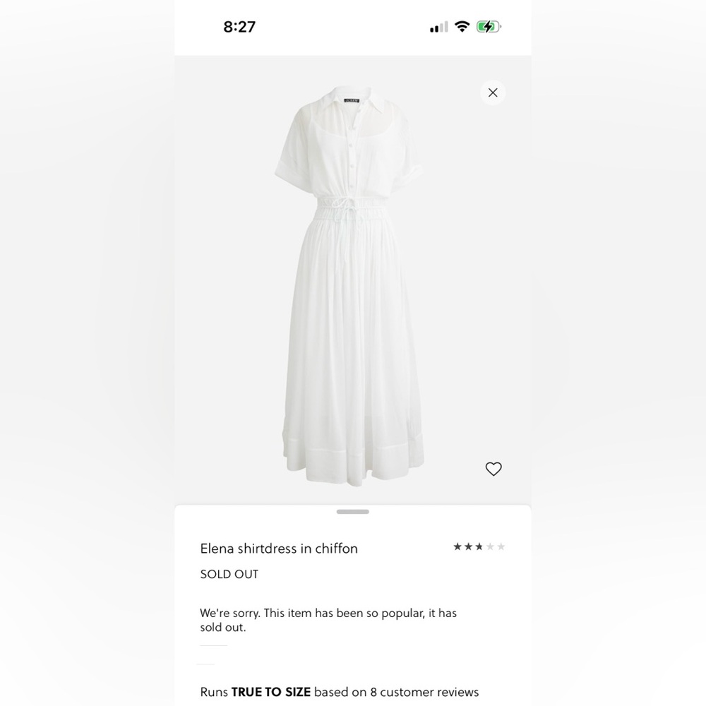 JCrew Elena Shirtdress in White Chiffon, size 4 - SOLD OUT!